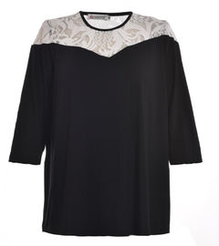 Lace And Viscose Woven Fabric Round Neck Ladies Blouse In Plus Size With Two Contrast Color