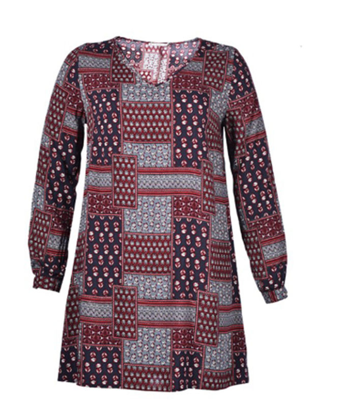 V Neck Ladies Plus Size Dresses Abstract Printed Dress With Long Sleeve
